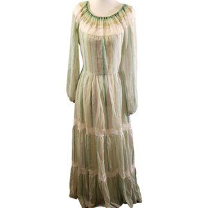 1960-70s Maxi Dress This Is Yours Cottage Hippie Prairie Boho Green Striped Lace